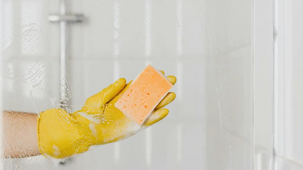 a hand in a yellow glove holding a sponge - Understanding Hard Water and Soft Water