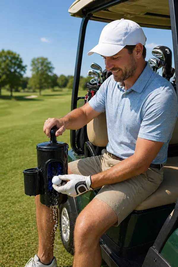 The dirty truth about golf ball washers Man cleaning golf balls on cart
