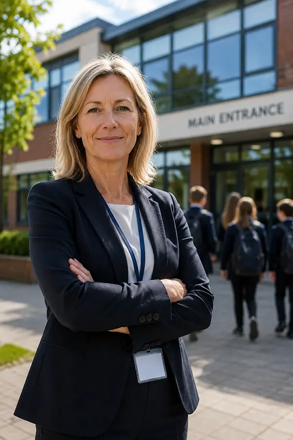 Confident woman in front of school.
