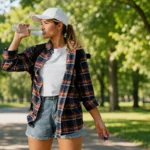 Woman drinking water outdoors in park